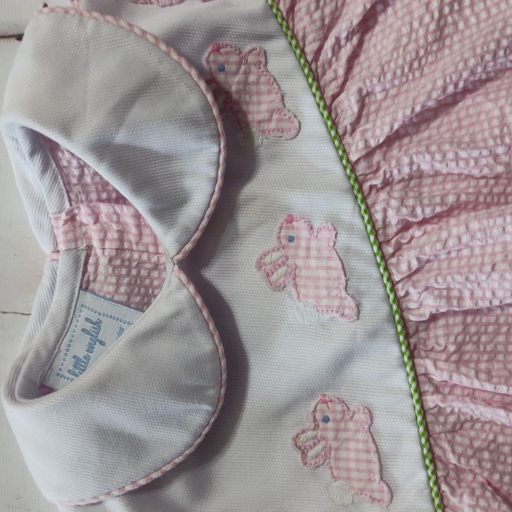 Little English Pink Seersucker Dress Easter Bunny Size 2t Peter Pan Collar - Picture 2 of 5